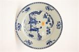 A LARGE BLUE AND WHITE PORCELAIN DISH, 
decorated with two female figures in a landscape, 12.5in (