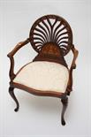 AN UNUSUAL EDWARDIAN BONE INLAID AND MARQUETRY OCCASIONAL ARMCHAIR
with unusual pierced shell shaped