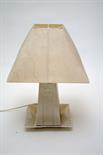 A MODERN BELLEEK TABLE LAMP, 
in the form of a tower, with matching stand and beige shade, 23in