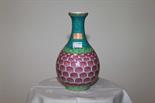 A VERY ATTRACTIVE TURQUOISE GREEN AND PINK LOTUS BULB VASE, 
with blue seal mark to base, 9in (22.