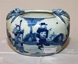 A CHINESE PORCELAIN BLUE AND WHITE BOWL, 
decorated with an all-around scene of figures in a