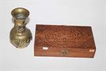 A CHINESE BRASS DRAGON VASE, 
9in (23cm); together with a carved Chinese hardwood box, 13.5in (