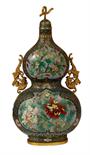 A VERY ATTRACTIVE CHINESE DOUBLE-GOURD CLOISONNÉ BOTTLE VASE AND COVER, 
decorated with panels of