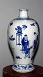 A BLUE AND WHITE CHINESE MEIPING VASE, 
probably 18th century, decorated with a family group in an