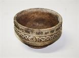 A VERY UNUSUAL CELTIC REVIVAL CARVED WOODEN BOWL, 
the decorated panels with Celtic design inscribed