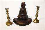 A PAIR OF 19TH CENTURY BRASS CANDLE STICKS, 
9.5in (24cm), together with a carved oak wall