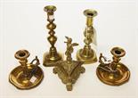 A COLLECTION OF MISCELLANEOUS BRASS, comprising: a pair of 19th century chamber candlesticks each