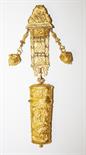 A VERY ATTRACTIVE FRENCH GILT METAL CHATELAINE AND ETUI, probably late 18th century finely cast in