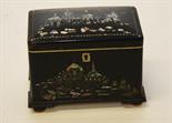 A GOOD VICTORIAN MOTHER O' PEARL INLAID AND IVORY MOUNTED LACQUERED TEA CADDY,
the dome top