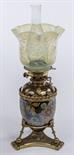 A VERY FINE ROYAL DOULTON LUSTRE GLAZED AND FLORAL DECORATED AMPHORA OIL LAMP, 
with inset