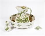 A MASONS PATENT IRONSTONE GREEN AND WHITE DRAGON PATTERN TOILET SET, 
comprising a basin, ewer and