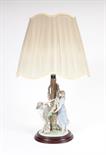 A FINE LLADRO TABLE LAMP, 
modelled after two barefooted girls holding a garland of flowers around a