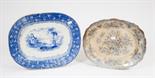 A PAIR OF WILLOW PATTERN BLUE AND WHITE MEAT PLATTERS,
18in (46cm); together with another similar