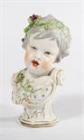 A MEISSEN PORCELAIN BUST, 
modelled with young girl, head and shoulders, wearing a vine tiara, 9in