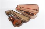 AN OLD CASED VIOLIN, 
with two old bows; and another modern violin, cased with bow. (2)