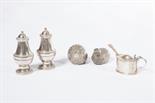 A PAIR OF VASE SHAPED SILVER PEPPER CASTERS, 
an oval silver mustard pot, two silver plated