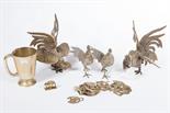 A PAIR OF WHITE METAL PHEASANT TABLE ORNAMENTS, 
11in (28cm); a pair of cockerel table ornaments,