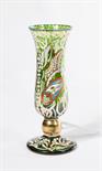 A CONTINENTAL GREEN GLASS PAINTED VASE, 
in the Medieval style, decorated coronets and head armor in