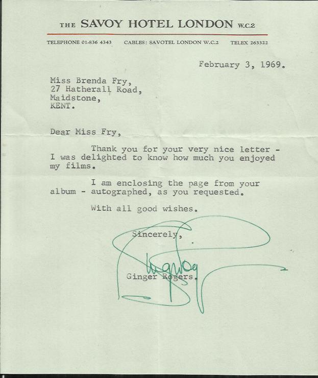 Ginger Rogers signed letter. Dated 3/2/69 on Savoy Hotel stationary