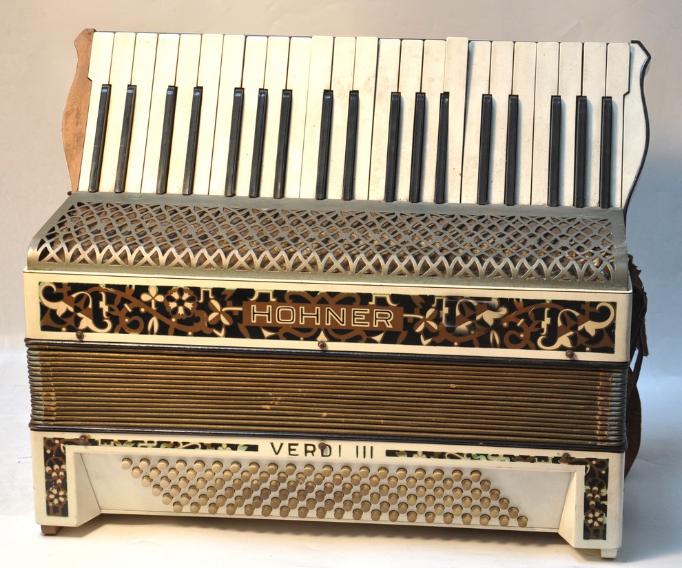 A Hohner Verdi III piano accordion.