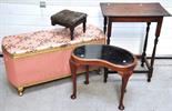 An early 20th century oak rectangular side table, a walnut framed kidney shaped stool, a