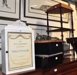 A corner what-not, a jardinière stand, bathroom cabinet and two gilded display boxes (5).