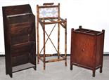 A small bamboo hall stand, a small oak bookcase and an oak umbrella stand (3).