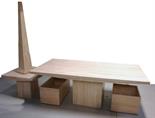 A travertine marble table on a square pedestal base 194 x 97cm, a small square matching coffee