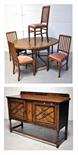 A mid 20th century oak gateleg table, length 143cm, four dining chairs and an oak carved