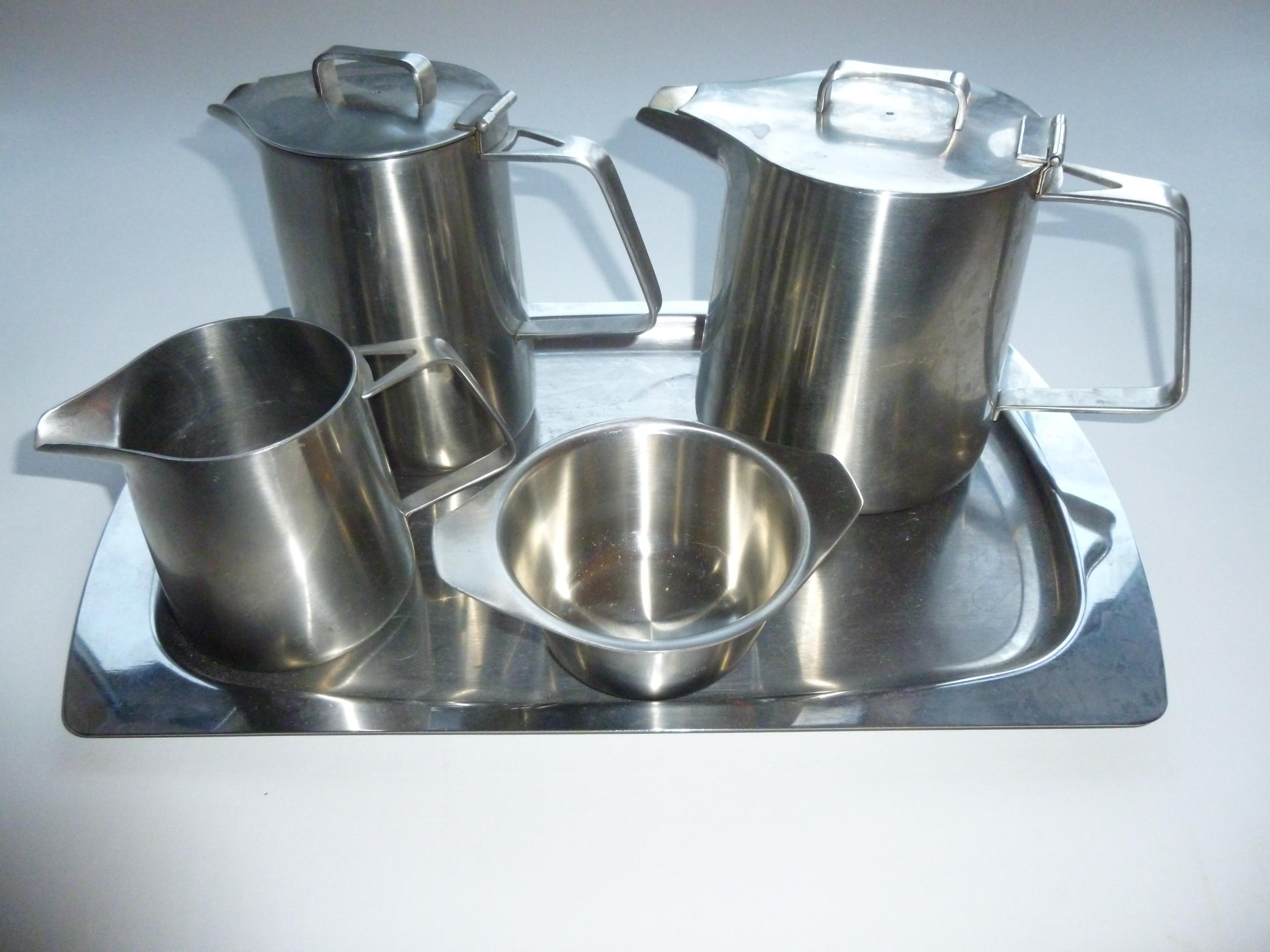 OLD HALL STAINLESS STEEL TEAPOT, HOT WATER JUG, MILK JUG AND SUGAR BOWL