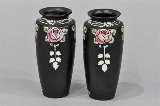 Pair Of Shelley Black Ground Vases No 8103 With Rose Pattern