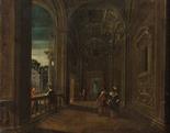 follower of viviano codazzi View of a portico with arches on a garden oil on canvas 45 x 57 cm