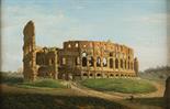 scuola romana View of the Colosseum from the Temple of Venus and Rome oil on canvas 60,5 x 38,5 cm