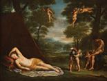 circle of francesco albani Mars and Venus with Cupids oil on canvas 61 x 55 cm golden wooden frame