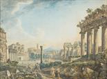 franz kaiserman View of the Roman Forum with figures Watercolor on paper 70 x90 cm Illegible