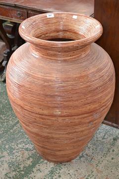 A Large Rattan Effect Terracotta Floor Vase
