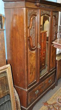 An Edwardian Mahogany Art Nouveau Double Wardrobe Single Drawer