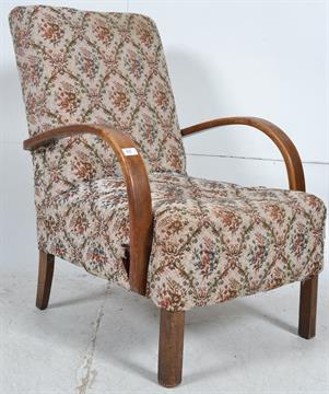 A 1930 S Art Deco Bentwood Armchair Having Tapestry Overstuffed Seat With The Oak Bentwood Arms T