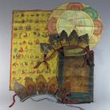 FIVE TIBETAN PAINTINGS: 19th century comprising a lotus emblem, painted on paper, a small thang-ka,