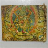A CABINET PANEL: Tibet, 19th century Polychrome painted wood, depicting Prajnaparamita, holding a