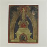 A TSAKLI DEPICTING A STUPA: Tibet, 19th century pigment with gold on cloth, a figure of Vajrapani