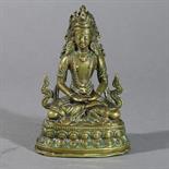 A BRONZE FIGURE OF AMITAYUS: Tibet, 18th century Seated in pad asana on a double lotus throne, his