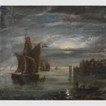DUTCH SCHOOL, 19TH CENTURY MOONLIT DOCK SCENE oil on canvas laid down on board (unframed) 34cm x