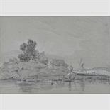 FOLLOWER OF PETER DE WINT, 19TH CENTURY FIGURE ON A BOAT WITH HOUSES AND WINDMILL BEYOND charcoal