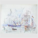 ELIOTT SEABROOKE, LG (BRITISH, 1886-1950) BOATS IN A HARBOUR signed with initials: ES l.r;