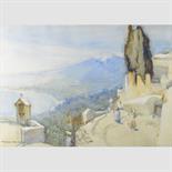 BRITISH SCHOOL, EARLY 20TH CENTURY ""TAORMINA"" WITH MOUNT ETNA IN THE BACKGROUND, SICILY inscribed