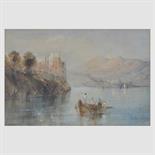 ENGLISH SCHOOL, EARLY 19TH CENTURY FIGURES ON A BOAT WITH A CASTLE ON AN OUTCROP BEYOND watercolour