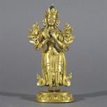 A GILT BRONZE FIGURE OF MAITREYA, Sino-Tibetan, 18th century standing on a lotus throne, his hands
