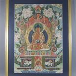 A THANGKA DEPICTING RATNASAMBHAVA, Tibet, 18th century Pigment with gold on cloth, the Buddha