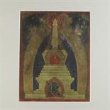 A TSAKLI DEPICTING A STUPA, Tibet, 19th century pigment with gold on cloth, a figure of Vajrapani